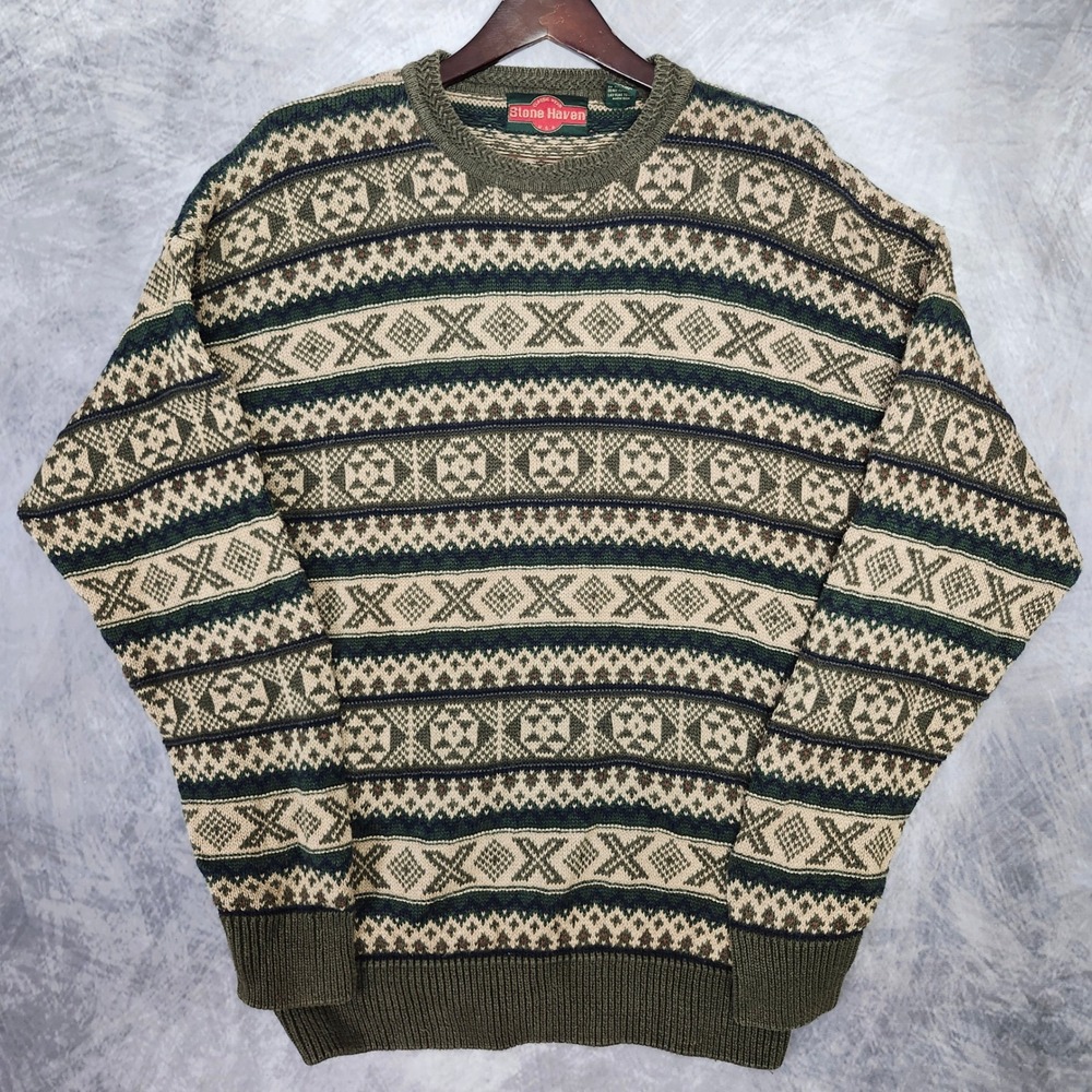 Vintage 90s Fair Isle Sweater Mens XL Earth Tones Nordic Geometric Ramie Cotton